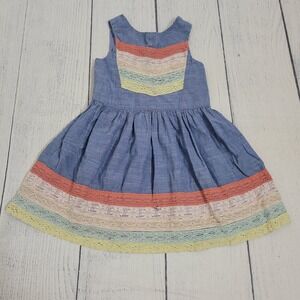 Aphorism Size 5 Lace Trim Chambray Dress Girls Blue Rainbow‎ Boho Sundress